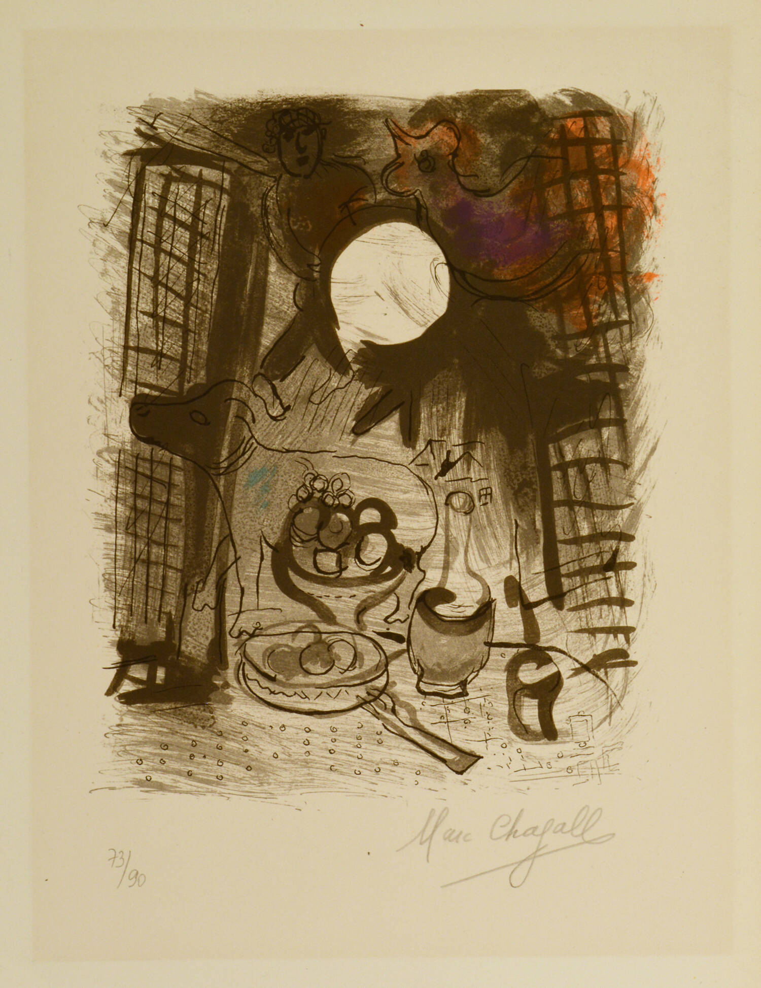 Brown-tone print of of table setting, god, mood, and open window.